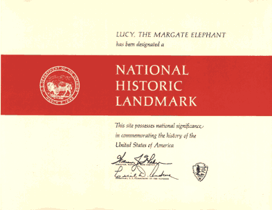 Copy of certificate designating Lucy as a historical landmark.